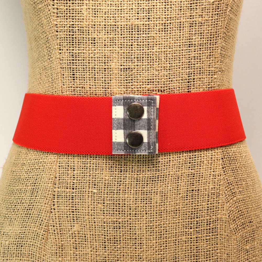 Vintage 70s Waist Belt Women 8 M Red Stretch Black White Check Snap